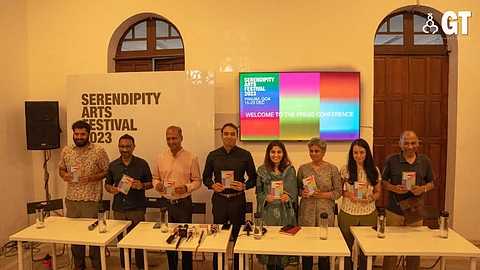 (L-R) Akshay Mahajan, Goa Familia Co-Curator; Sandeep Sangaru, Craft Curator; Sanjit Rodrigues - CEO, Imagine Panaji Smart City Development Ltd; Rohit Monserrate - Mayor, Corporation of City of Panaji; Ankita Mishra, CEO of Entertainment Society of Goa; Vidya Shivadas, Visual Arts Curator; Veerangana Solanki, Visual Arts Curator; Ravi Agarwal, Special Project Curator unveil the Serendipity Arts Festival 2023 Guide Book in the capital city.