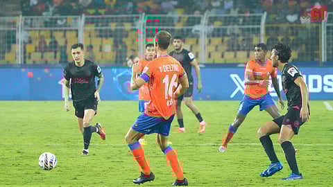 FC Goa and Mumbai City players in action at the Indian Super League match at Fatorda stadium.