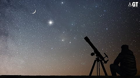 On the evening of Sunday, January 14, 2024, the planet Saturn will appear to the lower right of the waxing crescent moon.