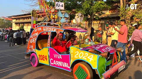 The vibrant spirit of Goa Carnival 2024 is portrayed through this junk car at the Porvorim revelry.