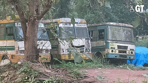 OF SCRAP VALUE: Buses belonging to Prakash Transport lying near the owner's house in Madicotto in Cuncolim. Prakash Transport was run by former Cuncolim MLA Rajan Naik.