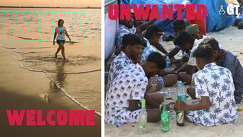 Tourists drinking on the beach.