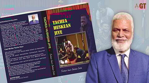 Teotonio Costa and his tiatr book, 'Tache Huskean Jiye'.