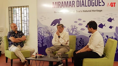 Justice Gautam Patel (centre) interacts with the audience at a session of 'Miramar Dialogues'. Author Vivek Menezes (left) and state-coordinator of WWF India Goa, Aditya Kakodkar (right) were also present on the occasion.