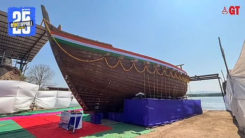 The stitched boat all decked up for the launch.