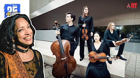 Pianist Dr Marialena Fernandes (left) will perform with the Motus Quartet (background) from Austria on April 16, 2025 at Sunaparanta Goa Centre for the Arts, Altinho, Panjim.
