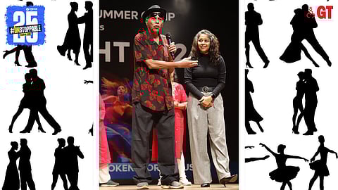 Cecille Rodrigues on stage with his student.