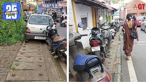 Footpaths seen blocked by vehicles, forcing pedestrians to walk on the road.