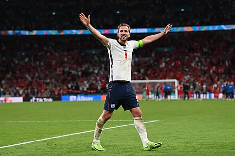 England's forward Harry Kane celebrates after winning during the UEFA EURO 2020 semi-final football match between England and Denmark at Wembley Stadium in London on July 7, 2021. (AFP)