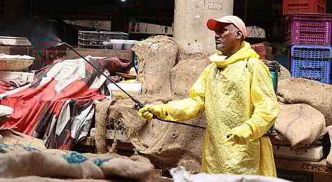 Panaji market being sanitised before reopening. Pic: Atish Naik