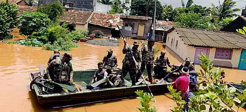 Indian Army personnel rescued stranded villagers from submerged areas following incessant rain in Bastwad, Karnataka and Kolhapur, Maharashtra on Sunday. (ANI)