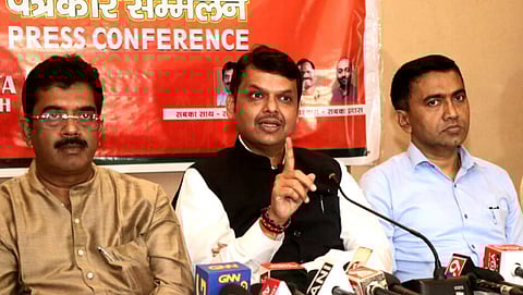 Devendra Fadnavis address a press conference in Panaji along with Chief Minister Pramod Sawant on Monday, September 20, 2021