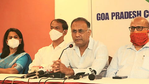 Goa Congrss desk in charge Dinesh Gundu Rao addressing a press conference in Panaji along with the party's state unit chief Girish Chodankar and Leader of Opposition Digambar Kamat,