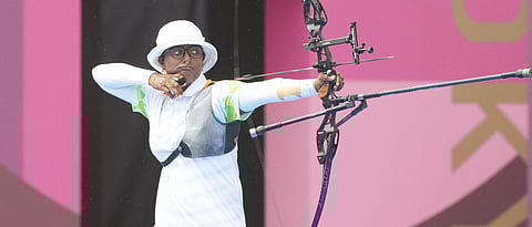 India's Deepika Kumari competes in the women's individual 1/8 eliminations round of the archery event, at the Summer Olympics 2020, in Tokyo, Friday, July 30, 2021. Deepika defeated Ksenia Perova of Russian Olympic Committee. (PTI)