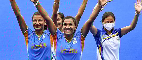 Indian players including the captain Rani Rampal, celebrate their victory against Australia during women's field hockey quarterfinal match at the 2020 Summer Olympics, in Tokyo, Monday, Aug. 2, 2021 (PTI)