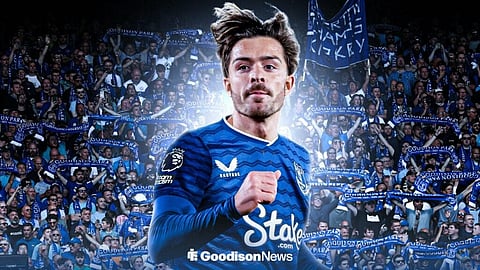 Jack Grealish in an Everton kit in front of Everton fans.