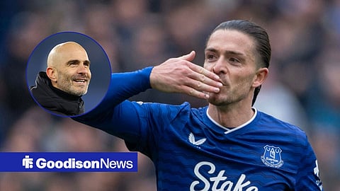 Jack Grealish in an Everton shirt blowing kisses, Enzo Maresca smiling in inset.