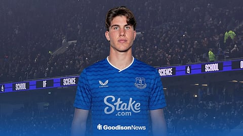Cesare Casadei in an Everton shirt at Hill Dickinson stadium
