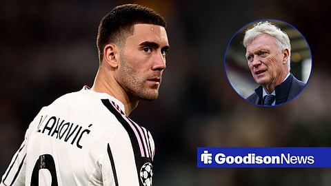 Dusan Vlahovic in action for Juventus, with David Moyes in a circular frame