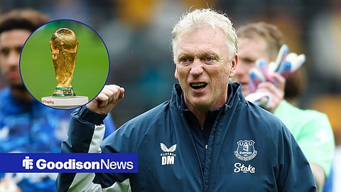 David Moyes celebrating with circular inset of World Cup trophy