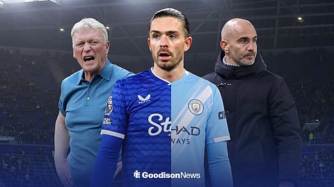Jack Grealish in a 50-50 Everton and Man City shirt, with David Moyes and Enzo Maresca either side