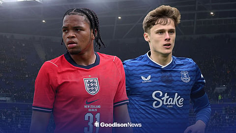 Liverpool star Rio Ngumoha in England action, Harrison Armstrong of Everton next to him.
