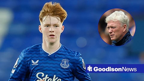 Everton youngster Braiden Graham playing at Hill Dickinson with David Moyes looking at him.