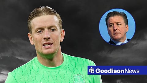 Jordan Pickford in an Everton shirt with black clouds behind him, Dan Friedkin in inset.