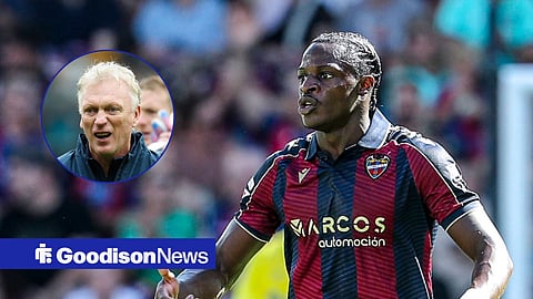 Karl Etta Eyong in action, Everton boss David Moyes in inset.