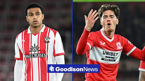 Shea Charles of Southampton in action at Saint Mary's Stadium, alongside Middlesbrough star Hayden Hackney.