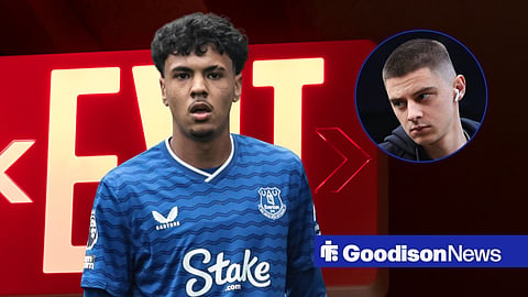 Adam Aznou in action for Everton ahead of exit sign, Vitalii Mykolenko in inset.