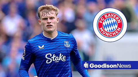 Everton star Jarrad Branthwaite in action, Bayern Munich badge in inset.