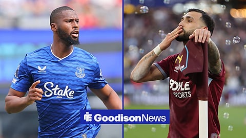 Everton's Beto during the 2025-26 campaign, next to West Ham forward Taty Castellanos, who is celebrating scoring a goal at the London Stadium in 2026.