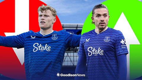 Everton stars Jarrad Branthwaite and Jack Grealish with red and green arrows behind them.