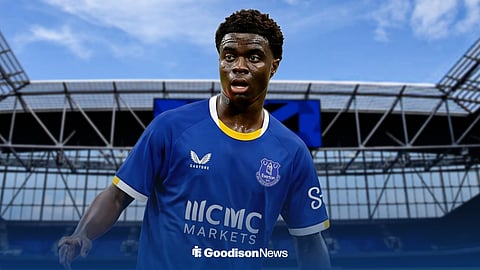 Christ Inao Oulai in action while wearing Everton's 2026-27 home strip, ahead of Hill Dickinson.