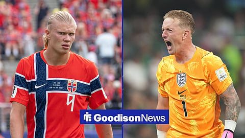 Erling Haaland in action for Norway, Everton star Jordan Pickford with England