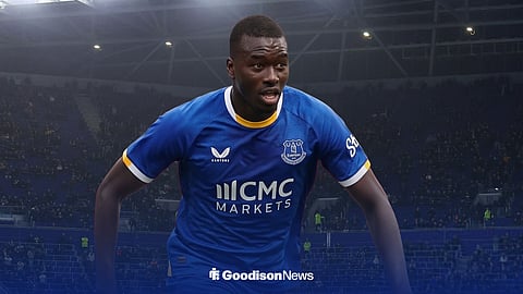 Graphic of Pape Gueye in an Everton home kit with Hill Dickinson Stadium in the background