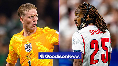 England's international duo Jordan Pickford and Djed Spence both in action during the World Cup.