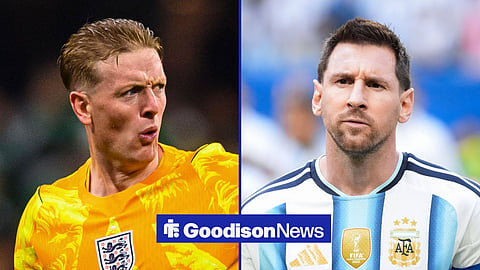Split image of Everton goalkeeper gesturing while playing for England and Lionel Messi before kickoff in a 2026 World Cup game