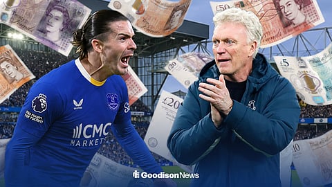 Jack Grealish celebrating for Everton, while David Moyes claps alongside him and pound notes fly in the air