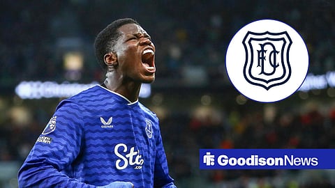 Thierno Barry in action for Everton, Dundee badge in inset