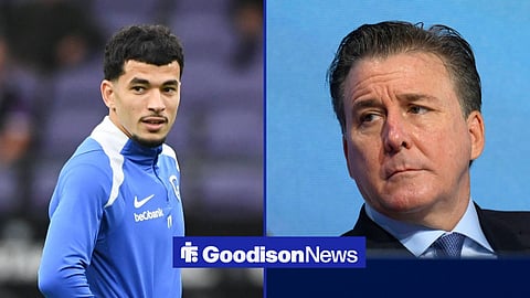 Zakaria El Ouahdi warming up for Genk, with Dan Friedkin alongside him in a split image