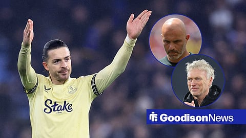 Jack Grealish celebrating in an Everton kit, with David Moyes and Enzo Maresca in circular frames inset