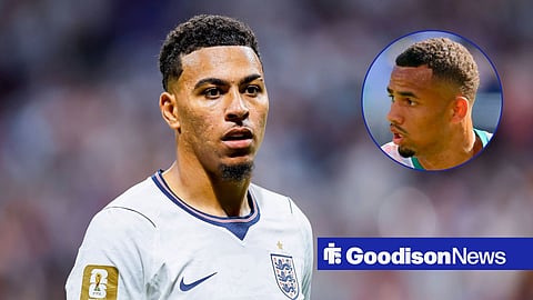 Main image of Morgan Rogers looking on as he plays for England at the World Cup and Everton forward Iliman Ndiaye's face in a circular inset on the right