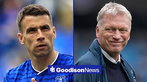 Seamus Coleman applauding, with David Moyes alongside him in a split image