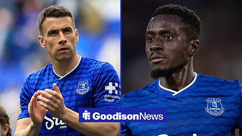 Seamus Coleman applauding fans with Idrissa Gueye looking left in Everton image split