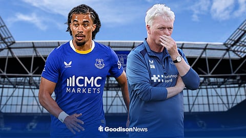 Nathan Zeze in an Everton home kit, with David Moyes alongside him and Hill Dickinson Stadium in the background