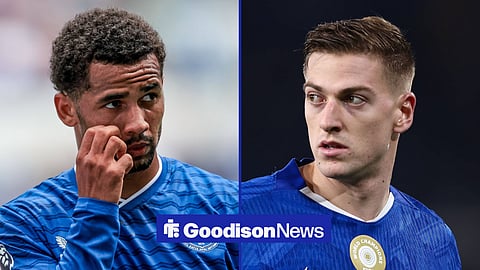 Iliman Ndiaye in action for Everton and Liam Delap playing for Chelsea, side by side in a split image