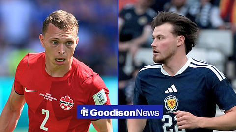 Split image of Alistair Johnston looking stressed while playing for Canada at the 2026 World Cup and Everton right-back Nathan Patterson in action for Scotland at the 2026 World Cup
