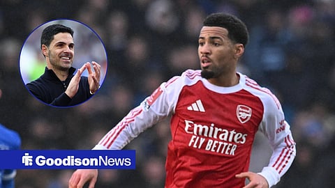 Mikel Arteta, manager of Arsenal, next to Ethan Nwaneri, who is playing for Arsenal against Portsmouth.